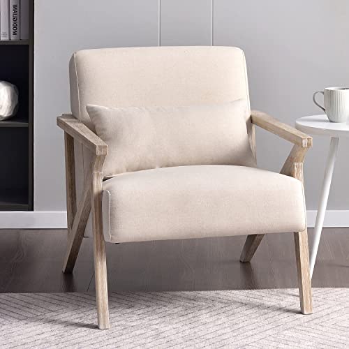 Mid Century Modern Chair with Wood Frame, Upholstered Armchair with Waist Cushion, Accent Chair for Living Room Bedroom Apartment, Easy Assembly, Beige