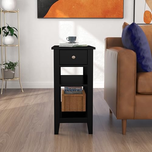 Side Table Living Room, Narrow End Table with Drawer and Shelf, 3-Tier Sofa End Table for Small Space, Black