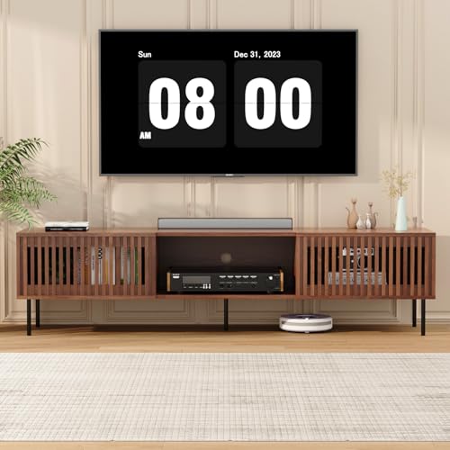 70 Inch Mid-Century Modern TV Stand for 55 to 80 Inch TVs, Slat Door