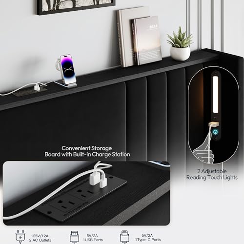 Black Queen Size Platform Bed with Reading Lights, view 4