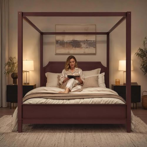 Walnut Wooden Canopy Bed Frame Queen with Tall Headboard, view 4