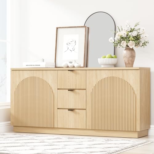 67" Fluted Sideboard Buffet Cabinet with 4 Arched Reeded Design Doors &3 Drawers, Mid Century Modern Credenza Storage Cabinet with Adjustable Shelves, for Living Room Dinning Hallway