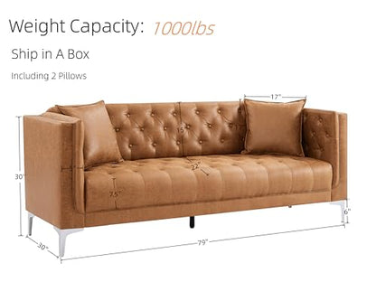 79" W Brown Faux Leather Sofa with 2 Pillows, Couches for Living Room | Modern 3-Seater Chesterfield Sofa for Apartment, Office, Handmade Button Tufted Cushions and Solid Metal Legs
