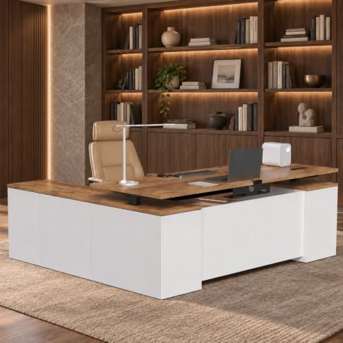 71" L Shaped Executive Desk with File Cabinet Drawers Outlet USB, view 2