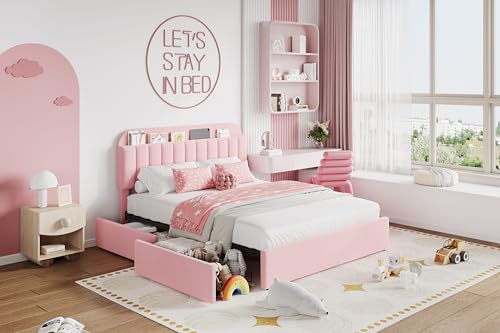 Upholstered Bed Frame with 2 Storage and Drawers, Boucle Soft Platform Bed, view 5