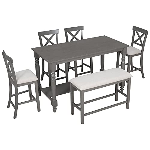 Farmhouse Style 6-Pieces Counter Height Dining Table Set with 4 Upholstered Chair, Storage Shelf and Upholstered Bench, Wood Kitchen Dining Table Set for 6 Person (Gray, Bottom Shelf)
