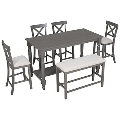 Farmhouse Style 6-Pieces Counter Height Dining Table Set with 4 Upholstered Chair, Storage Shelf and Upholstered Bench, Wood Kitchen Dining Table Set for 6 Person (Gray, Bottom Shelf)