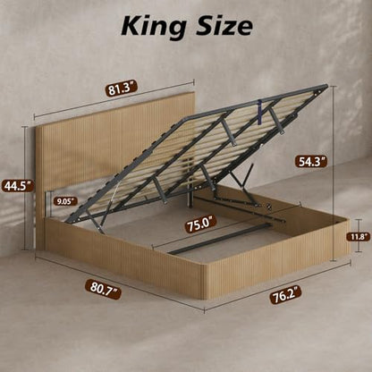 Fluted King Size Platform Bed Frame with Lift up Storage, Oak, view 3