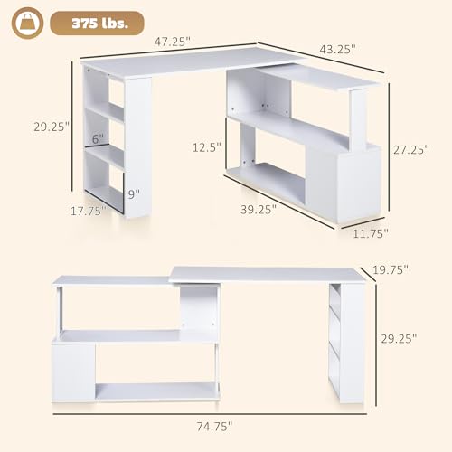 47 Inch L Shaped Desk, Corner Computer Desk, 360 Degree Rotating Home Office Desk with Storage Shelves, Writing Table Workstation, White