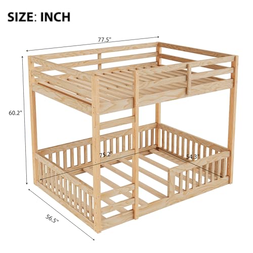 JIVOIT Full Over Full Bunk Bed, Solid Wood Bunk Bed Frame with Ladder and Guardrails, Wood Slats Support, No Box Spring Needed (Natural/ 4)