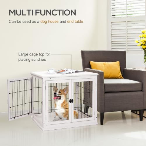 Dog Crate Furniture 32" Small Dog Cage End Table with 2 Doors White, view 5