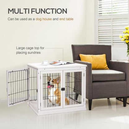 Dog Crate Furniture 32" Small Dog Cage End Table with 2 Doors White, view 5