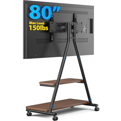 Heavy Duty Rolling TV Stand for 43-80 Inch TVs up to 150lbs, Mobile TV Cart on Wheels with Dual Storage Shelves, Outdoor TV Stand with Tilt & Swivel Adjustment for Optimal Viewing Angles