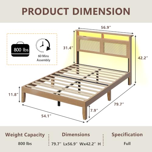 Boho Full Bed Frame with Rattan Headboard, LED, Charging & Storage, view 3