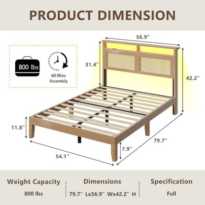 Boho Full Bed Frame with Rattan Headboard, LED, Charging & Storage, view 3