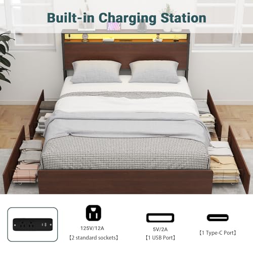 Queen Bed Frame with Storage and Charging Station, Metal Frame, USB Ports, view 4