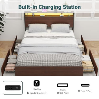 Queen Bed Frame with Storage and Charging Station, Metal Frame, USB Ports, view 4