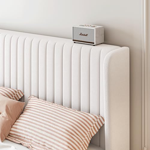 Queen Size Velvet Bed Frame, Tufted Wingback Headboard, White, view 5