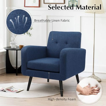 Modern Accent Chairs, Upholstered Fabric Cozy Armchairs, Living Room Side Chair with Solid Wood Legs, Blue