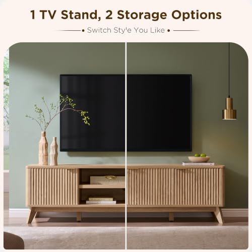 70" Mid Century Modern Fluted TV Stand,4-Door Storage, Natural Oak, view 4