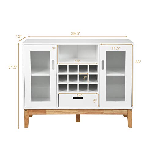 Kitchen Storage Sideboard, Coffee Bar Cabinet w/ 12 Bottle Wine Rack, 2-Doors Transparent Cabinet, 3-Position Adjustable Shelf, One Drawer, Dining Buffets Cabinet for Kitchen Entryway