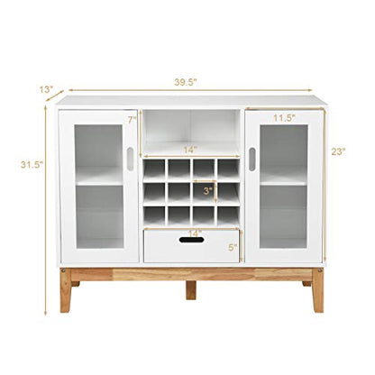 Kitchen Storage Sideboard, Coffee Bar Cabinet w/ 12 Bottle Wine Rack, 2-Doors Transparent Cabinet, 3-Position Adjustable Shelf, One Drawer, Dining Buffets Cabinet for Kitchen Entryway