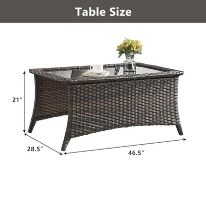 Outdoor Coffee Table with Tempered Glass Top, Patio Rectangular Brown Wicker, Handwoven Rattan Coffee Table Compatible with Patio Furniture Sets for Porch Deck Backyard