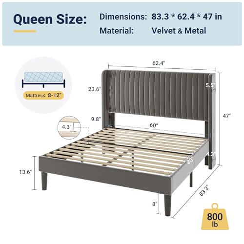 Queen Size Velvet Bed Frame/Vertical Channel Tufted Wingback, view 4