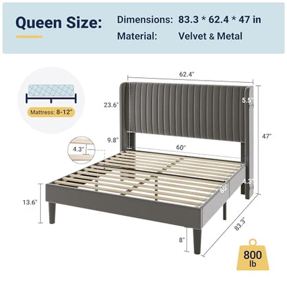 Queen Size Velvet Bed Frame/Vertical Channel Tufted Wingback, view 4
