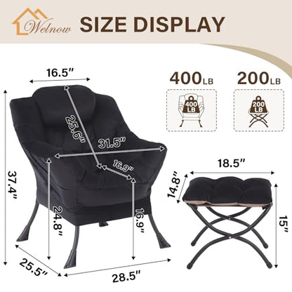 Lazy Chair with Ottoman, Modern Accent Chair with Armrests and a Side Pocket, Leisure Sofa Armchair, Reading Armchair with Footrest for Small Space, Black