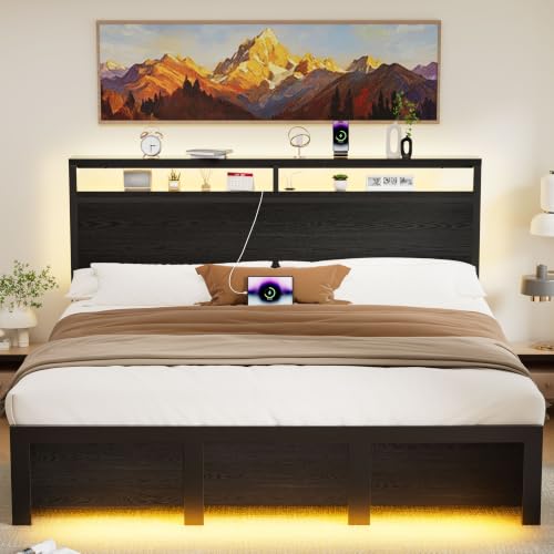 King Bed Frame with 4 Storage Drawers, Charging Station and LED Lights, view 4