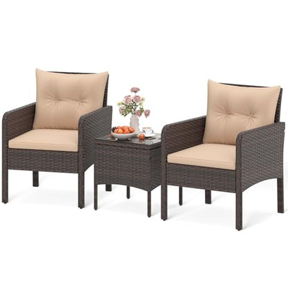 3 Pieces Patio Furniture Set, Outdoor Rattan Wicker Conversation Set with Coffee Table & Cushions, Patio Sofa Set for Garden Balcony Backyard Poolside