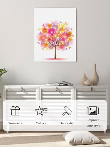 NuYeBiofx Colorful Flowers Butterflies Tree Canvas Wall Art Prints,48"x32" Framed Picture Artwork Abstract Botantical Printed Canvas Oil Painting for Living Room Bedroom Office,Ready to Hang