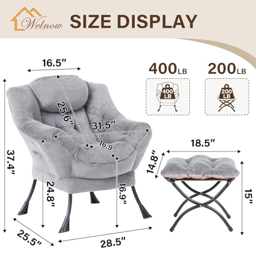 Lazy Chair with Ottoman, Modern Accent Chair with Armrests and a Side Pocket, Leisure Sofa Armchair, Reading Armchair with Footrest for Small Space, Plush Grey