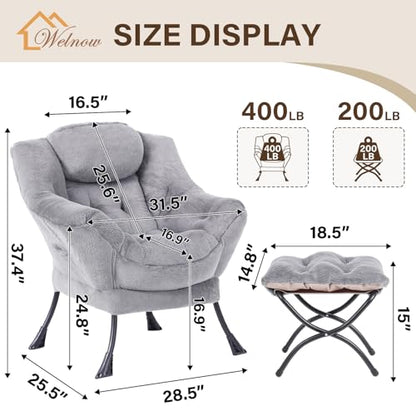 Lazy Chair with Ottoman, Modern Accent Chair with Armrests and a Side Pocket, Leisure Sofa Armchair, Reading Armchair with Footrest for Small Space, Plush Grey