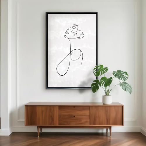 Single Rose Continuous Line Drawing Wall Art Canvas Print, minimal floral line art artwork in black line on white for bedroom, bedroom, office, apartment, modern farmhouse(24x36Inch,Black Framed