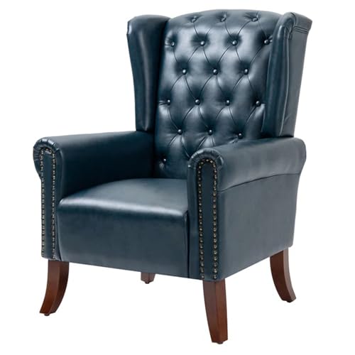 Faux Leather Accent Chair, Mid-Century Armchair Upholstered Club Sofa Chair with Wooden Legs, High Back Living Room Chair for Bedroom, Office, Lounge (Blue)