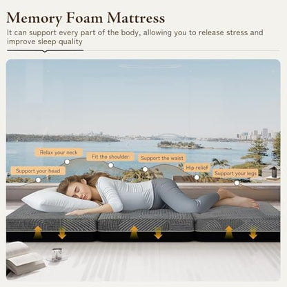 Tri Folding Mattress Queen Size - Memory Foam Tri-fold Handle & Non-Slip Bottom, Portable Foldable Sofa Bed Floor Chair for Travel RV Camping Guest Yoga - 6 Inch, 78"x58"x6"