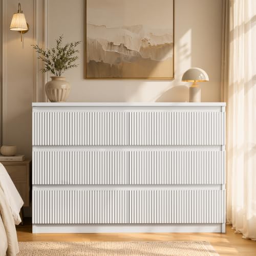6 Drawer Fluted Dresser, Modern Chest of Drawers for Bedroom with Hidden Handles, view 5