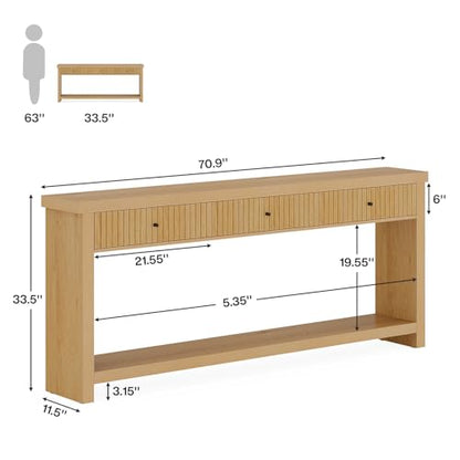 Tribesigns 70.9 inch Extra Long Entryway Table with 3 Drawers, Sofa Console Table with Open Storage Shelves, Oak Color Furniture, Wooden Couch Foyer Tables for Living Room Hallway Entrance