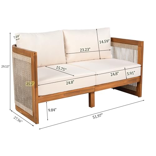 Nesbit 8-Seater Patio Furniture Set with Removable Cushion, 8 Piece Outdoor Acacia Wood Conversation Set, Wooden Outdoor Sectional Sofa Set with Coffee Table, Beige