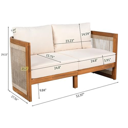 Nesbit 8-Seater Patio Furniture Set with Removable Cushion, 8 Piece Outdoor Acacia Wood Conversation Set, Wooden Outdoor Sectional Sofa Set with Coffee Table, Beige