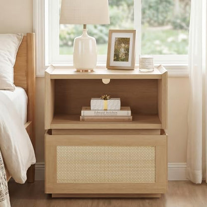 Rattan Nightstand with Wicker Decorated Drawer, Natural Rattan Night Stand with Open Compartment, Modular Stackable Side Table, Boho Bedside Table, End Side Table for Bedroom