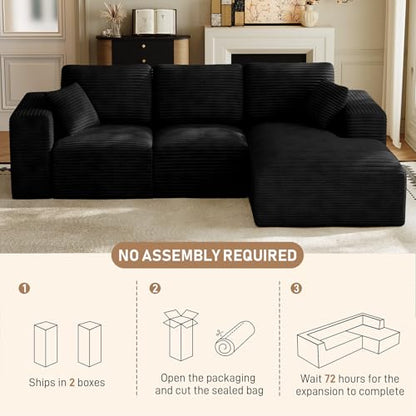 109" L-Shaped Boneless Cloud Sectional Couches, Comfy Corduroy Fluffy Modular Sectional Sofa with Right-Facing Chaise, Deep Seat Memory Foam Plush Couch for Living Room, Small Spaces, Black