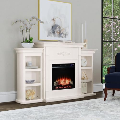 Tennyson Touch Screen Electric Fireplace with Book Shelves - Ivory - Transitional Design, Ivory Glass and Wood - Ideal for Living Room, Bedroom (FR8544)