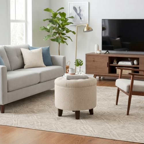19" Button Tufted Round Storage Ottoman - Tan Woven