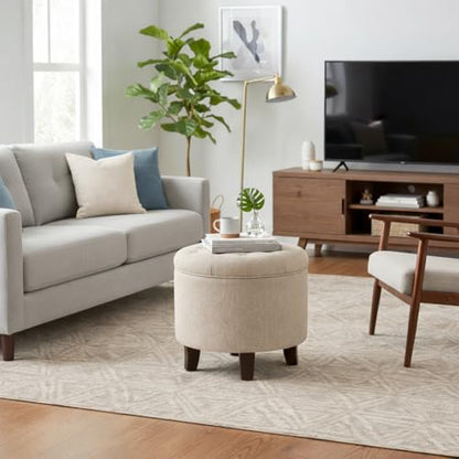 19" Button Tufted Round Storage Ottoman - Tan Woven