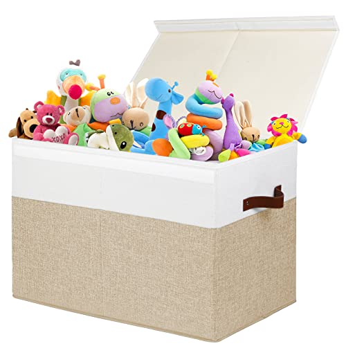 Gowee Large Toy Storage Box with Lid, Sturdy Toys Storage Chest Bin Organizer Basket with Dividers for Kids, Boys, Girls, Nursery, Closet, Bedroom, Playroom 25"x13" x16" (Beige and White)