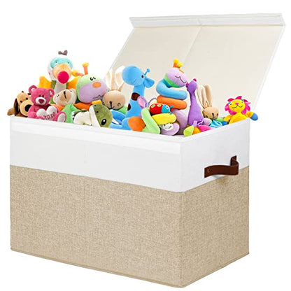 Gowee Large Toy Storage Box with Lid, Sturdy Toys Storage Chest Bin Organizer Basket with Dividers for Kids, Boys, Girls, Nursery, Closet, Bedroom, Playroom 25"x13" x16" (Beige and White)
