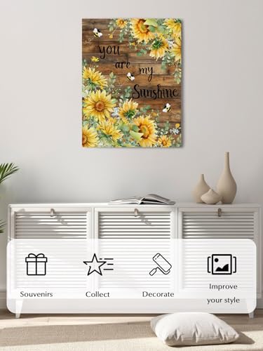 NuYeBiofx Farm Sunflower Bee Eucalyptus Canvas Wall Art Prints,48"x32" Framed Picture Artwork Retro Wooden Plank Printed Canvas Oil Painting for Living Room Bedroom Office,Ready to Hang